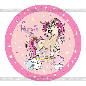 Cute unicorn on rainbow circle pink - vector clipart