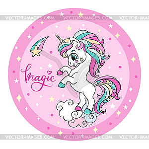 Cute unicorn on rainbow pink circle - vector image