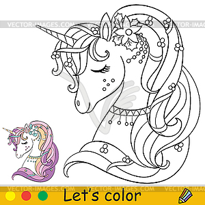 Unicorn head coloring with template - royalty-free vector image