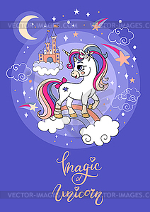 Cartoon unicorn with castle poster - vector image