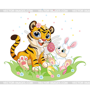 Cute tiger with Easter bunny - vector image