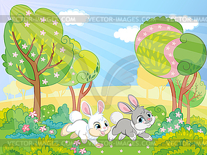 Two cute bunnies running on grass - vector image