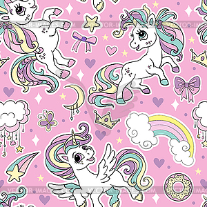Seamless pattern cute unicorns and magic elements - vector clipart