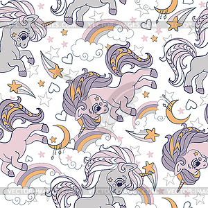 Seamless pattern cute unicorns and cosmic elements - vector clipart