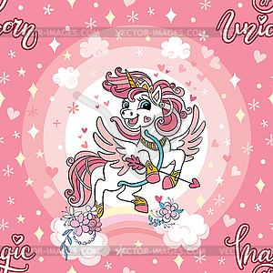 Seamless pattern cute unicorn with bow and hearts - vector clipart