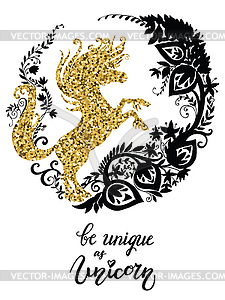 Golden unicorn silhouette with magic flowers - vector clipart
