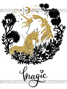 Golden unicorn with foal silhouette with magic - vector image