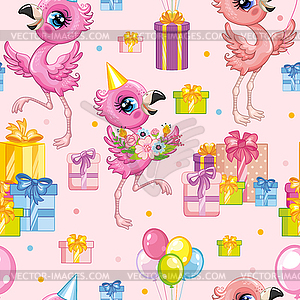 Seamless pattern flamingo happy birthday background - vector clipart