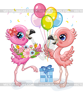 Cute cartoon birthday pink flamingos - color vector clipart