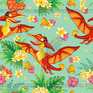 Seamless tropical pattern with cute pterodactyl - vector image