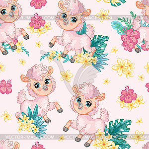 Seamless pattern with llama and flowers pink - vector image