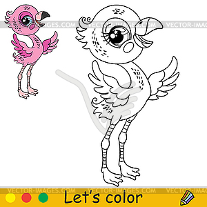 Cartoon cute pink flamingo bird coloring - vector image