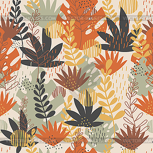 Seamless pattern abstract exotic plants and flowers - vector clipart