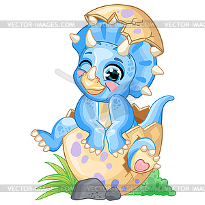 Cute cartoon baby blue triceratops in egg - vector clipart