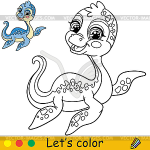 Cartoon baby Plesiosaur coloring book page - vector clip art