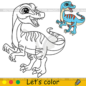 Cartoon standing Velociraptor coloring book page - vector clipart
