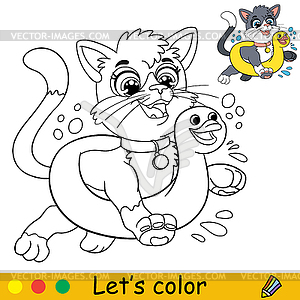 Cartoon cat with an inflatable circle coloring - vector clipart / vector image