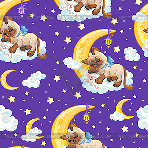 Seamless pattern cute cat sleeping on moon - vector image