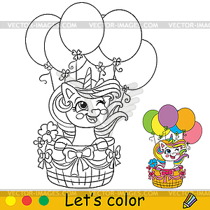 Cartoon unicorn on air balloons coloring book page - vector image