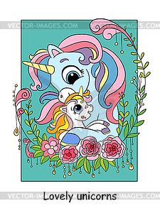 Cute mom unicorn and baby color - vector clipart