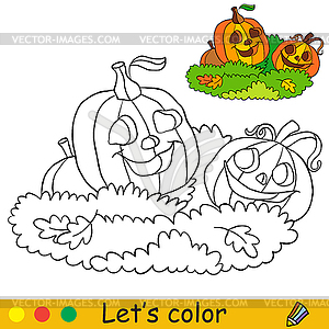 Kids coloring with template cute halloween pumpkins - vector clip art