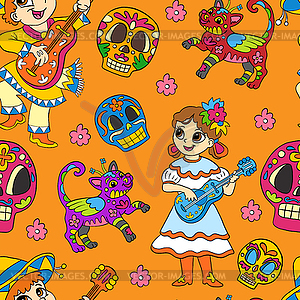 Seamless pattern of Halloween with cute mexican kid - vector image