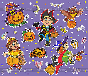 Halloween kids and elements sticker purple set - vector image