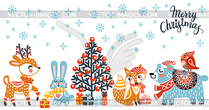 Merry Christmas card cute animals - vector clip art