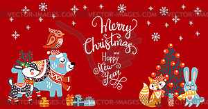 Merry Christmas card cute animals red - vector image