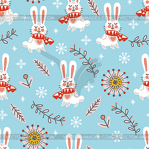 Seamless pattern christmas white rabbits background - stock vector clipart
