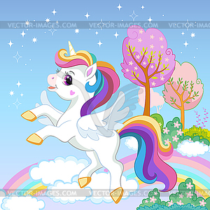 Cute rainbow sky unicorn - vector image
