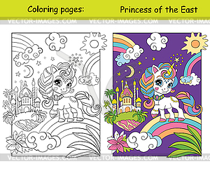 Cute Unicorn Princess of East coloring and color - vector clipart