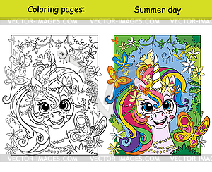 Cute dreaming unicorn with with butterflies colorin - vector clip art