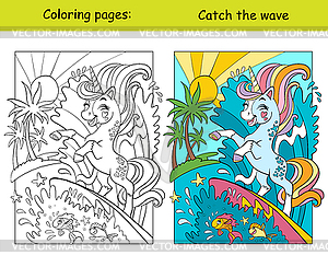 Cute unicorn catches wave on surfboard coloring - vector clipart