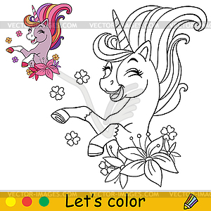 Cartoon pretty unicorn with flowers coloring book - vector image