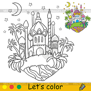 Cartoon magical oriental castle coloring book page - vector clipart