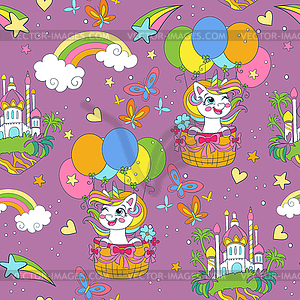 Seamless pattern with cute unicorn on air balloons - vector clipart