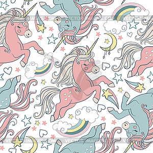 Seamless pattern with lovely unicorns in pastel - vector image