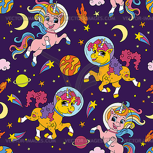 Seamless pattern with cute unicorns in space - vector clipart