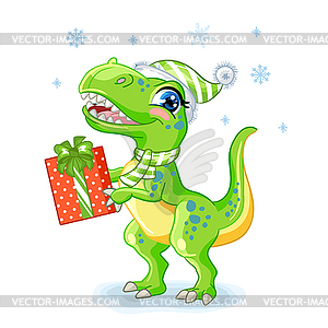 Christmas cute tyrannosaurus with gifts - royalty-free vector image