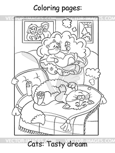 Cute dreaming cat kids coloring book page - vector clipart