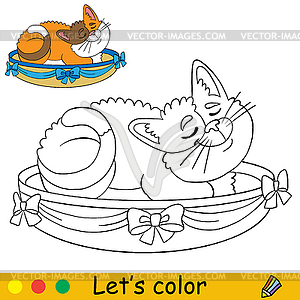 Cute cat sleeps in cot coloring with template - vector clipart