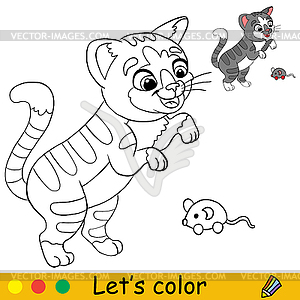 Cute cat playing with mouse toy coloring with - vector clip art
