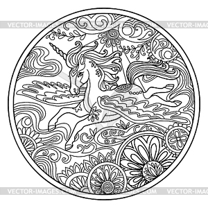 Beautiful winged unicorn coloring circle - white & black vector clipart