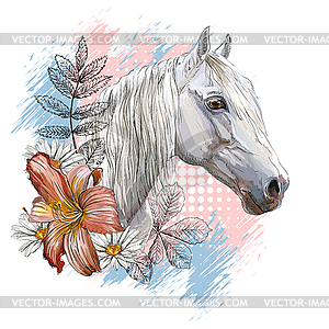Portrait of white horse and flowers - vector image
