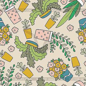 Seamless pattern with cartoon house plants in pots - vector image