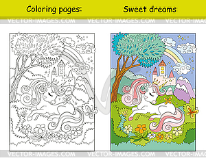 Cute little unicorn sleeps in forest coloring book - vector clip art