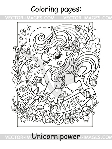 Cute beautiful unicorn girl with flowers coloring - vector clipart