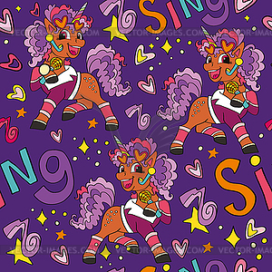 Seamless pattern with lovely unicorn singer - vector image