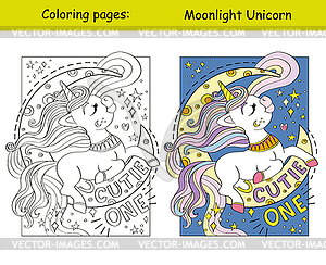 Cute beautiful unicorn on moon coloring and template - vector EPS clipart